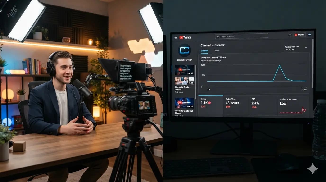 A well-produced video next to a flat views dashboard, illustrating that good content can still underperform.