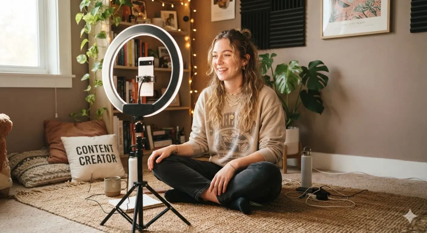 Content creator recording a video at home, focused on the process rather than the outcome.